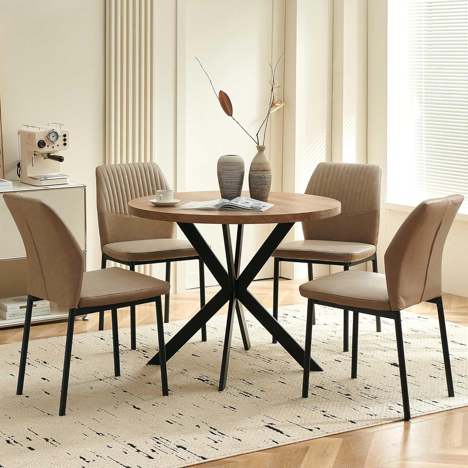 37" Round Dining Table Set for 4, Mid Century Modern Small Coffee Set for Dining Room Kitchen Apartment (Walnut Table + 4 PU Leather Beige Chairs)
