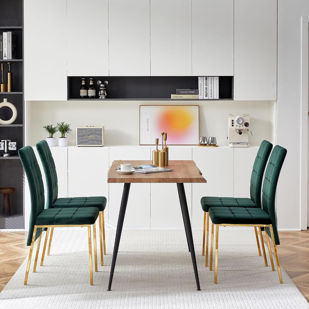 Howtek Rectangular Dining Table Set for 4, Mid Century Modern with 4 Dark Green Upholstered Velvet Kitchen Chairs, Dining Room Table Set for Kitchen, Breakfast Nook, Dining Room