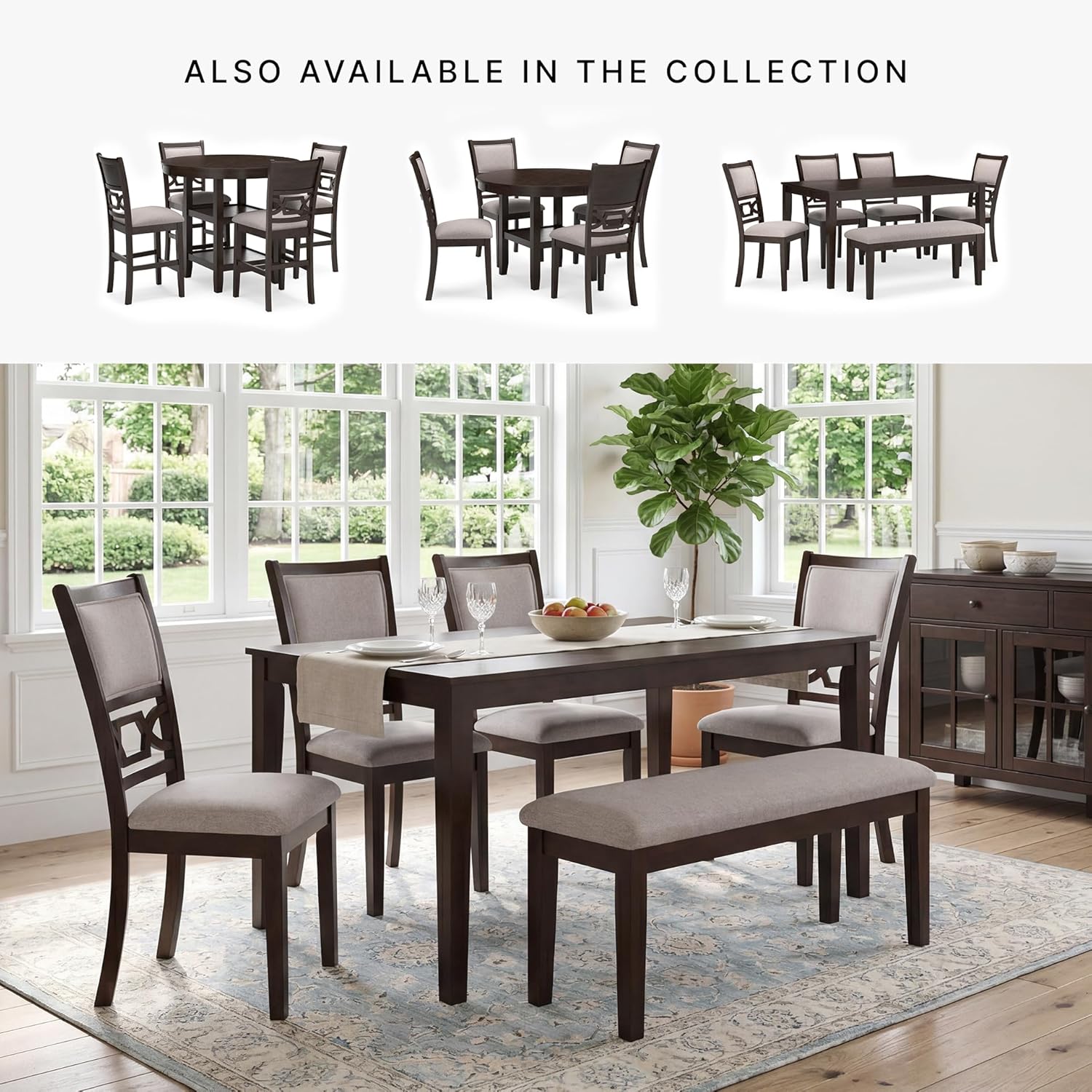 Signature Design by Ashley Langwest 6-Piece Dining Table Set with Bench | Seats up to 6, 60.38 in W dining table, Reverse diamond patterned veneer, Tapered legs, Light beige polyester fabric