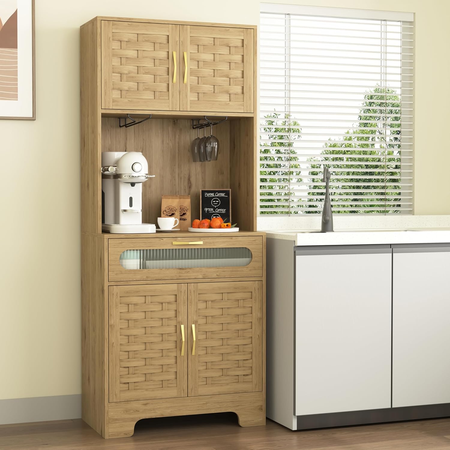 Kitchen Pantry Cabinet, Handmade Woven Wood Rustic Buffet Hutch Cabinet with Storage Drawer & Adjustable Shelf, Farmhouse Tall Cupboard Microwave Stand Coffee Bar for Kitchen, Dining Room, Living Room