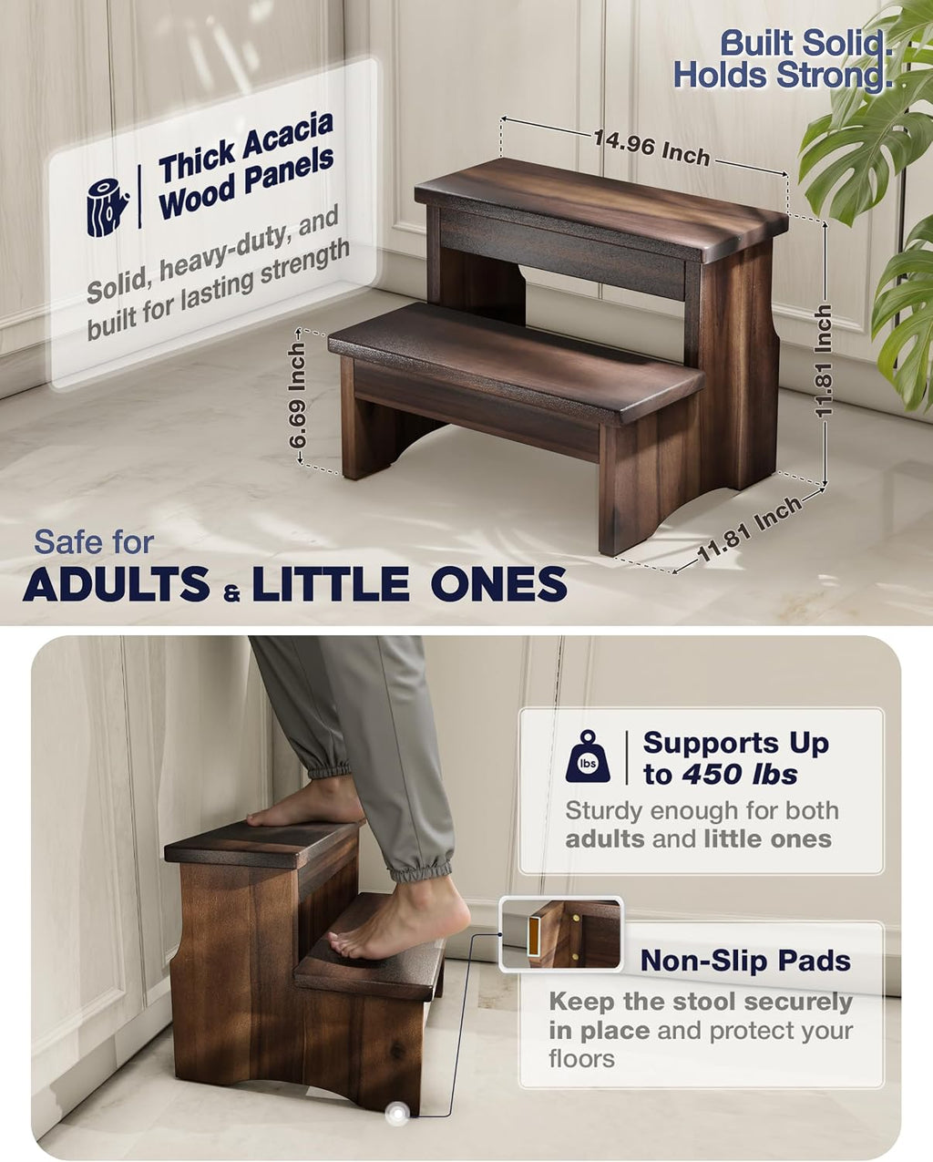 FANATU Wooden Two Step Stool for Adults, Heavy Duty Acacia Wood Bed Step | Compact Bedside Step Stool For Kitchen And Bathroom With Non-Slip Floor Pads, Walnut Finish, Supports Up To 450 Lbs