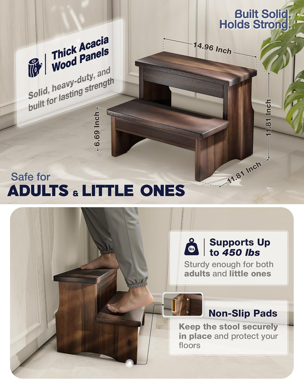 FANATU Wooden Two Step Stool for Adults, Heavy Duty Acacia Wood Bed Step | Compact Bedside Step Stool For Kitchen And Bathroom With Non-Slip Floor Pads, Walnut Finish, Supports Up To 450 Lbs