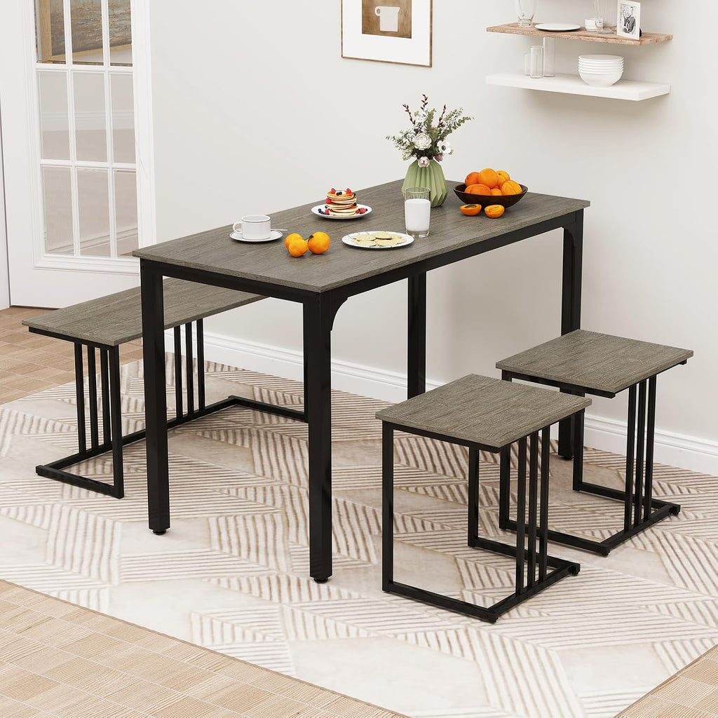 Giantex 4-Piece Dining Table Set for 4, Modern Kitchen Table and Chairs, Nesting Furniture Set with Bench & 2 Stools, Space-Saving Desk Set, Dinette Set for Small Place, Dining Room Restaurant (Grey)