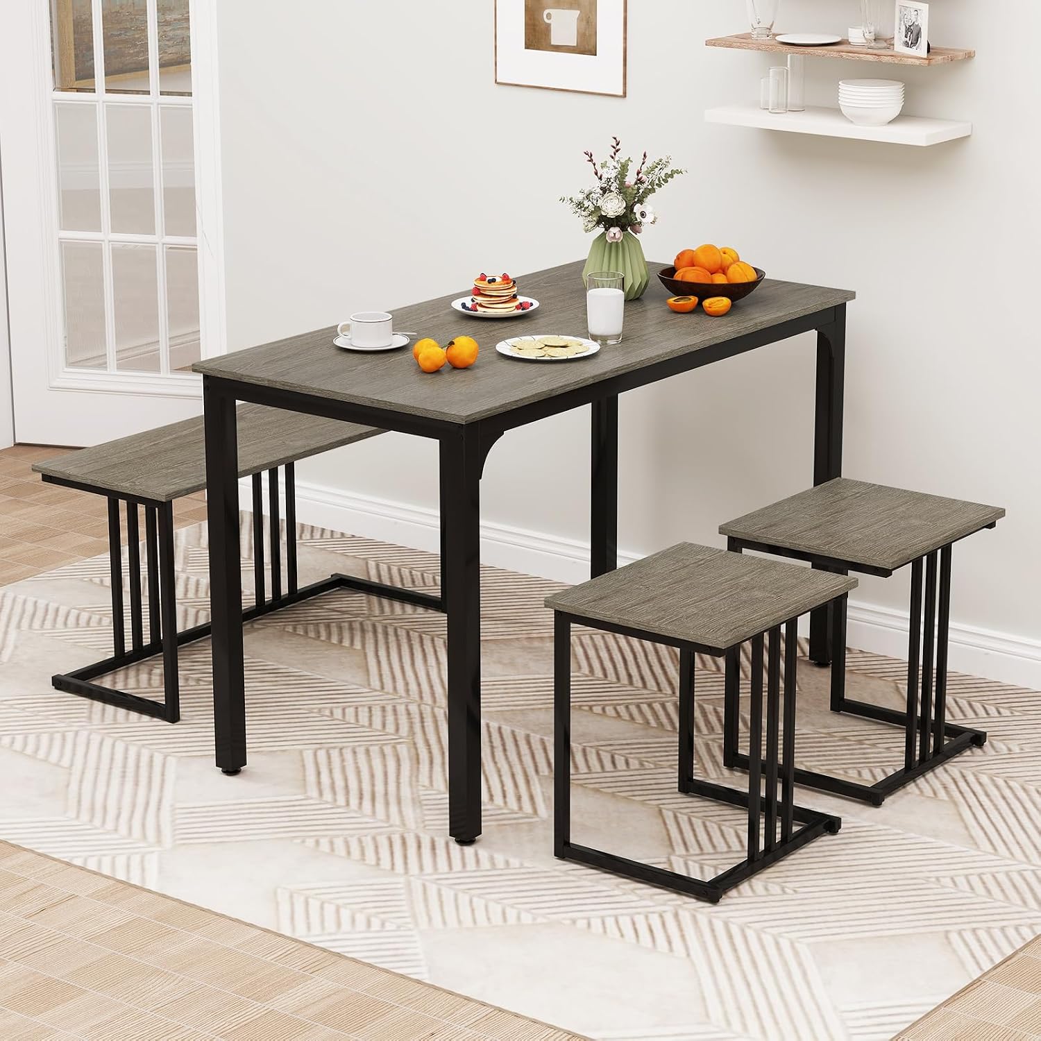 Giantex 4-Piece Dining Table Set for 4, Modern Kitchen Table and Chairs, Nesting Furniture Set with Bench & 2 Stools, Space-Saving Desk Set, Dinette Set for Small Place, Dining Room Restaurant (Grey)