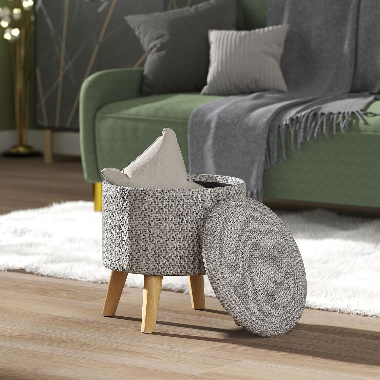 Light Gray Round Storage Ottoman with Hidden Lid and Linen Fabric