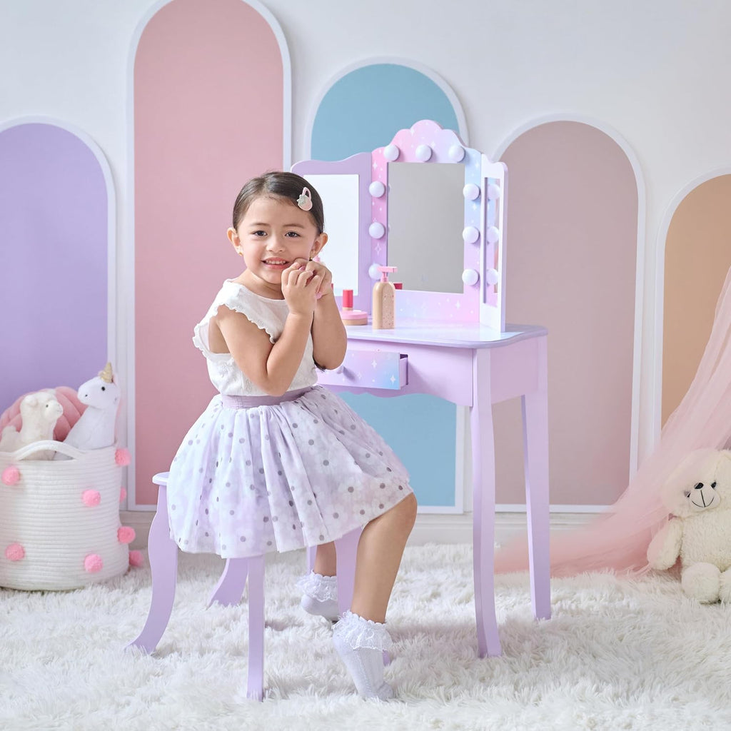 Teamson Kids Gisele Medium Vanity with Stool, Purple, Ages 3+ | Stardust Print, LED Lights & Touch Sensor Mirror, Storage Drawer, Pretend Play, Elegant Dressing Table Set