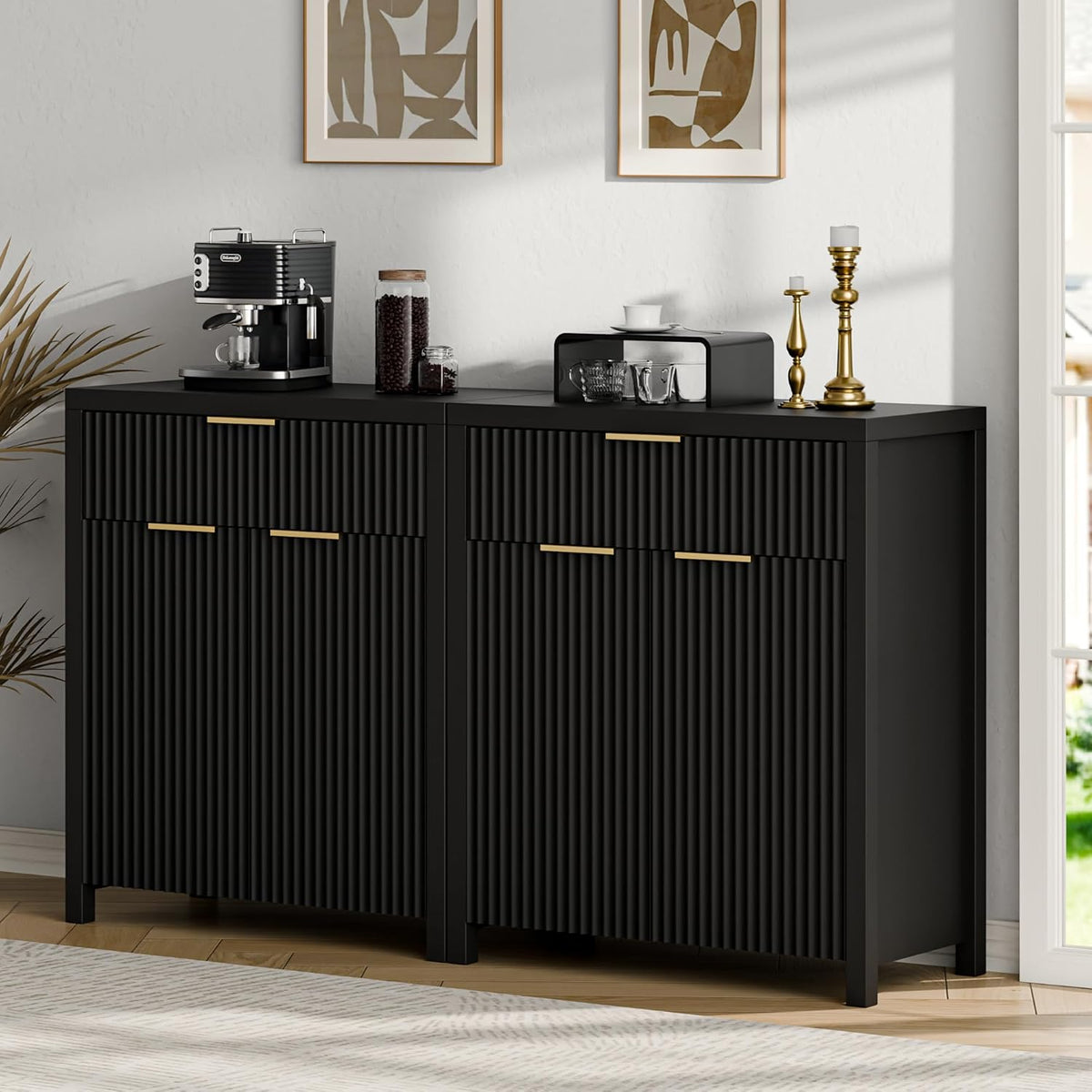 YaFiti Storage Cabinet Fluted Sideboard Buffet Cabinet with Adjustable Shelves & Quality Wooden Tabletop, Modern Accent Credenza Media Console for Living Room, Entryway, Hallway, Black