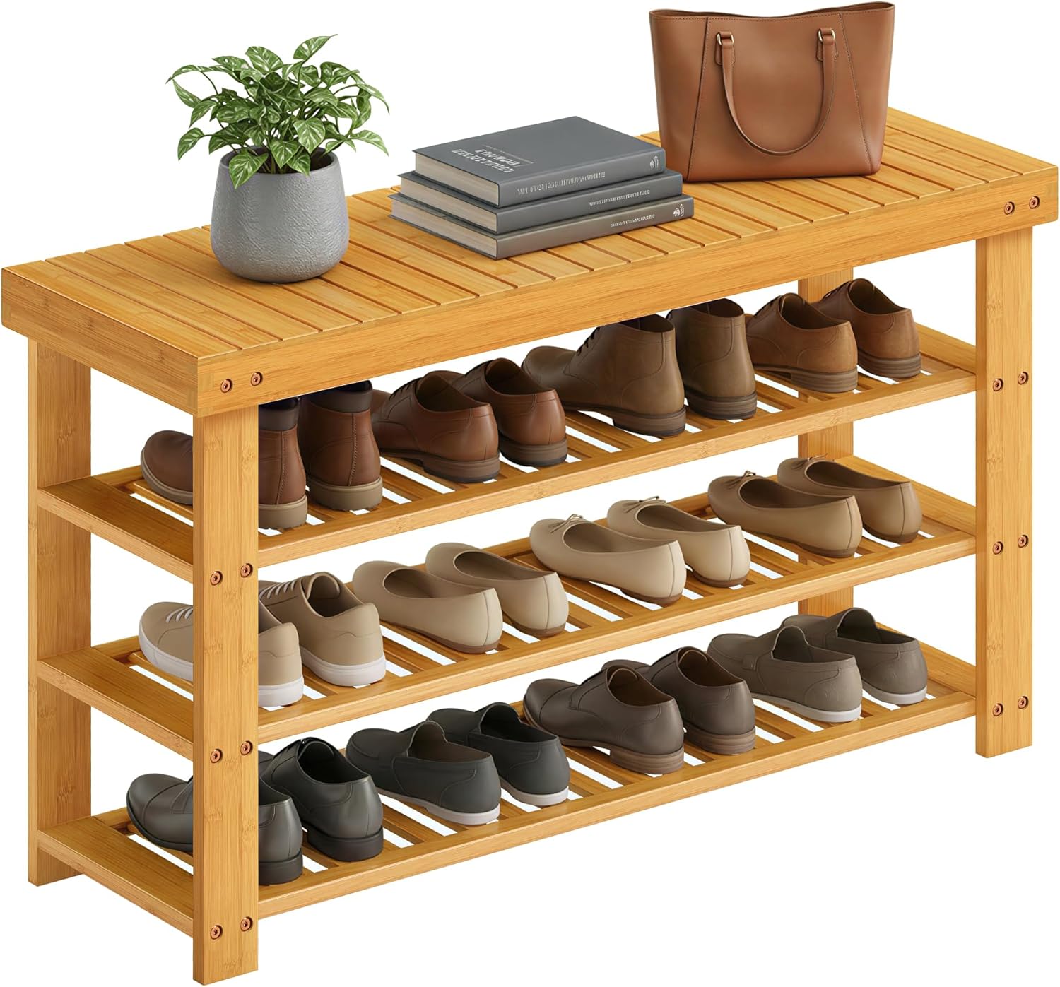 SONGMICS Shoe Rack Bench, 4 Tier Bamboo Shoe Storage Organizer, Entryway Bench, for Living Room, Bathroom, Bedroom, 11.3 x 35.2 x 20.5 Inches, Light Bamboo ULBS390YL01