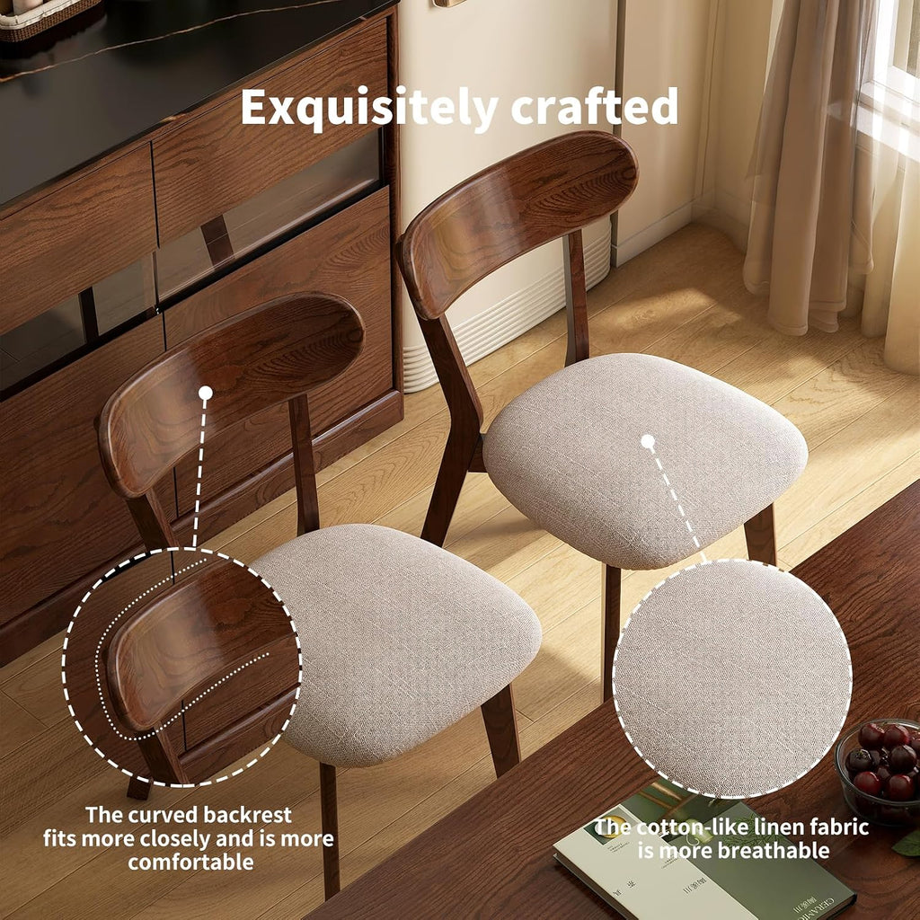 Mid Century Modern Walnut Dining Chairs Set of 4, FAS-Grade Oak, 400 lbs | Heavy-Duty Commercial Grade, Armless, Solid Curved Back, Smoked Brown Upholstered Seat, for Kitchen, Dining Room, Restaurant