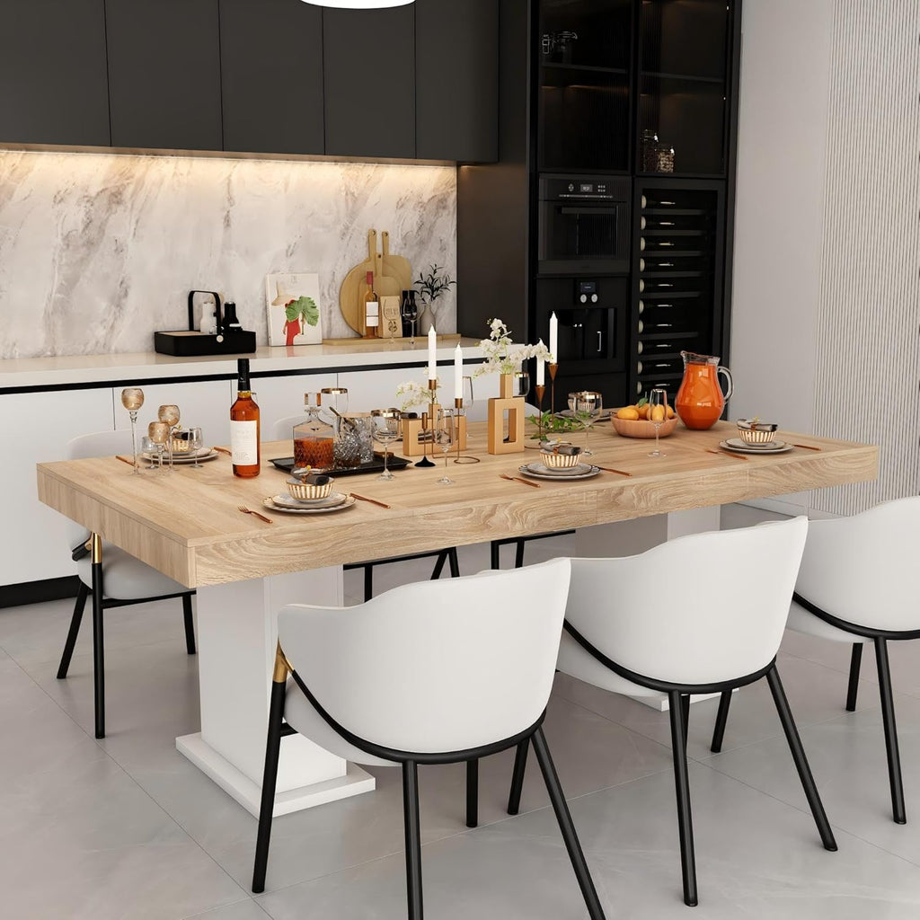 Modern Dining Table for 6-8 People, 78.7" Wood Kitchen Table with Stylish Pedestal, Long Rectangle Wooden Dinner Table for Dining Room, Brown & White