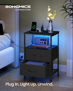 SONGMICS BELLAH Collection - Nightstand with Charging Station and App-Controlled Adjustable LED Lights, Bed Side Table, 2 Drawers and 1 Open Shelf, Modern, Ink Black and Ebony Black ULGS302BH01S