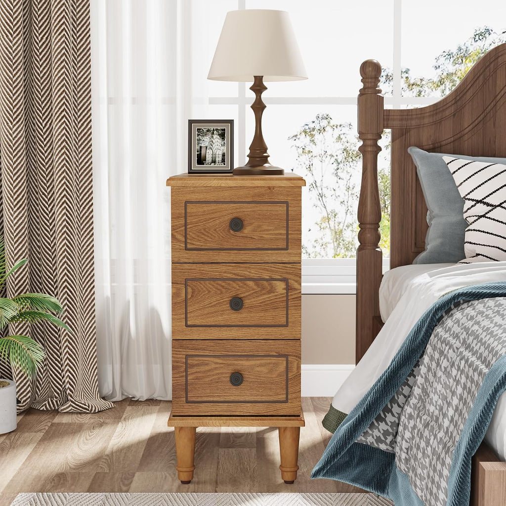 Tribesigns Solid Wood End Table, Fully Assembled Narrow Side Table with Drawers, Pre-Assembled Nightstand Slim Bedside Table for Small Spaces, Living Room, Bedroom, Wood