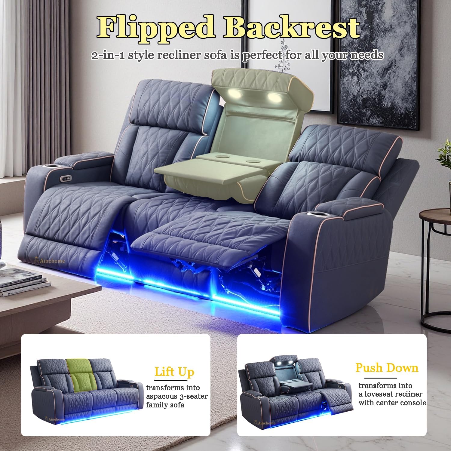 A Ainehome Sanded Leather Power Recliner Sofa Set with LED, 3 Pieces Living Room Furniture Sets, Blue Gray Reclining Sofa Sectional Couches for Living Room with USB Port/Storage Console/Cup Holders
