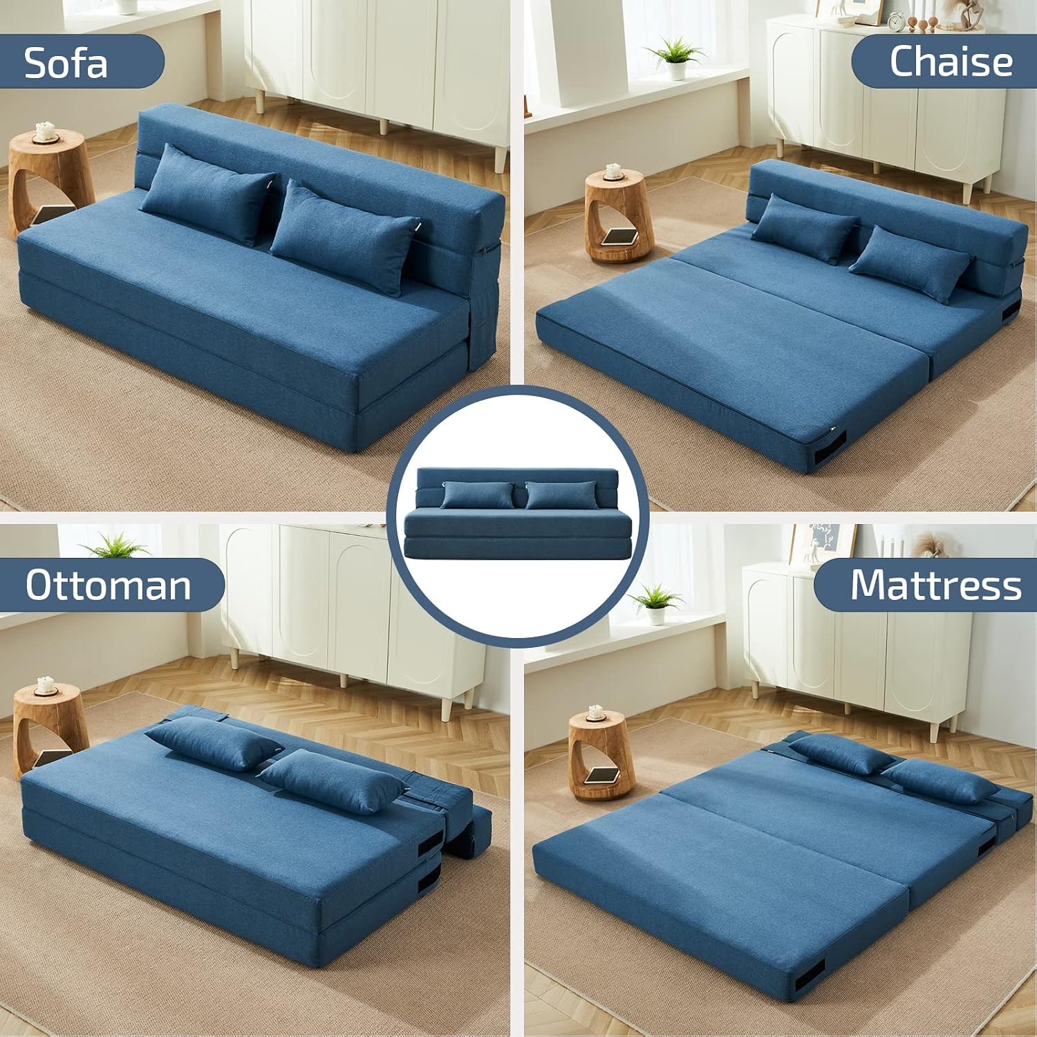 SUYOLS Folding Sofa Bed with Pillows- Convertible Chair Floor Couch & Sleeping Mattress, Foldable Memory Foam Sleeper for Living Room/Dorm/Guest Room/Home Office/Apartment/Loft, Queen, Navy Blue
