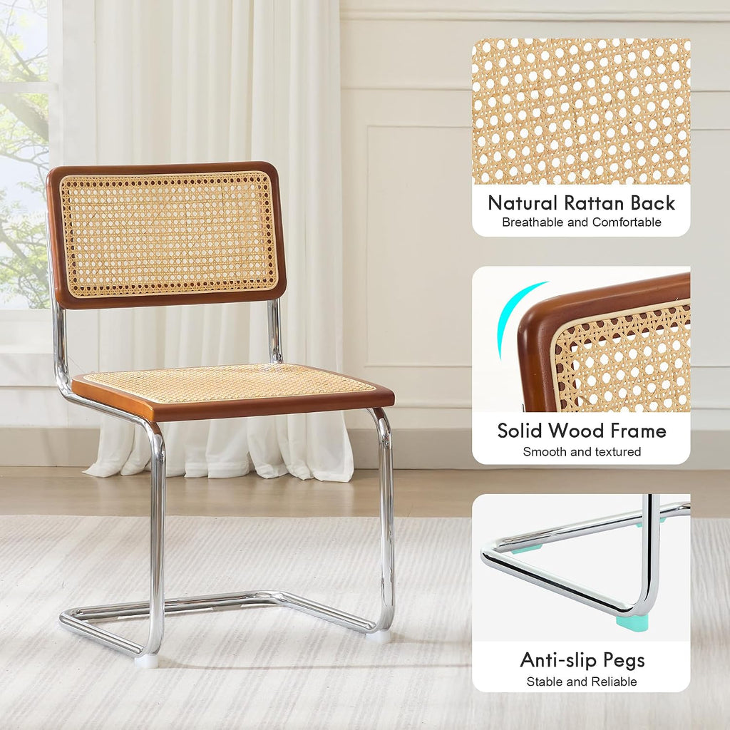 Flouki Rattan Dining Chairs Set of 2, Boho Accent Chairs for Kitchen Room with Natural Cane Mesh, Mid Century Cantilever Design, Solid Rubber Wood, Brown