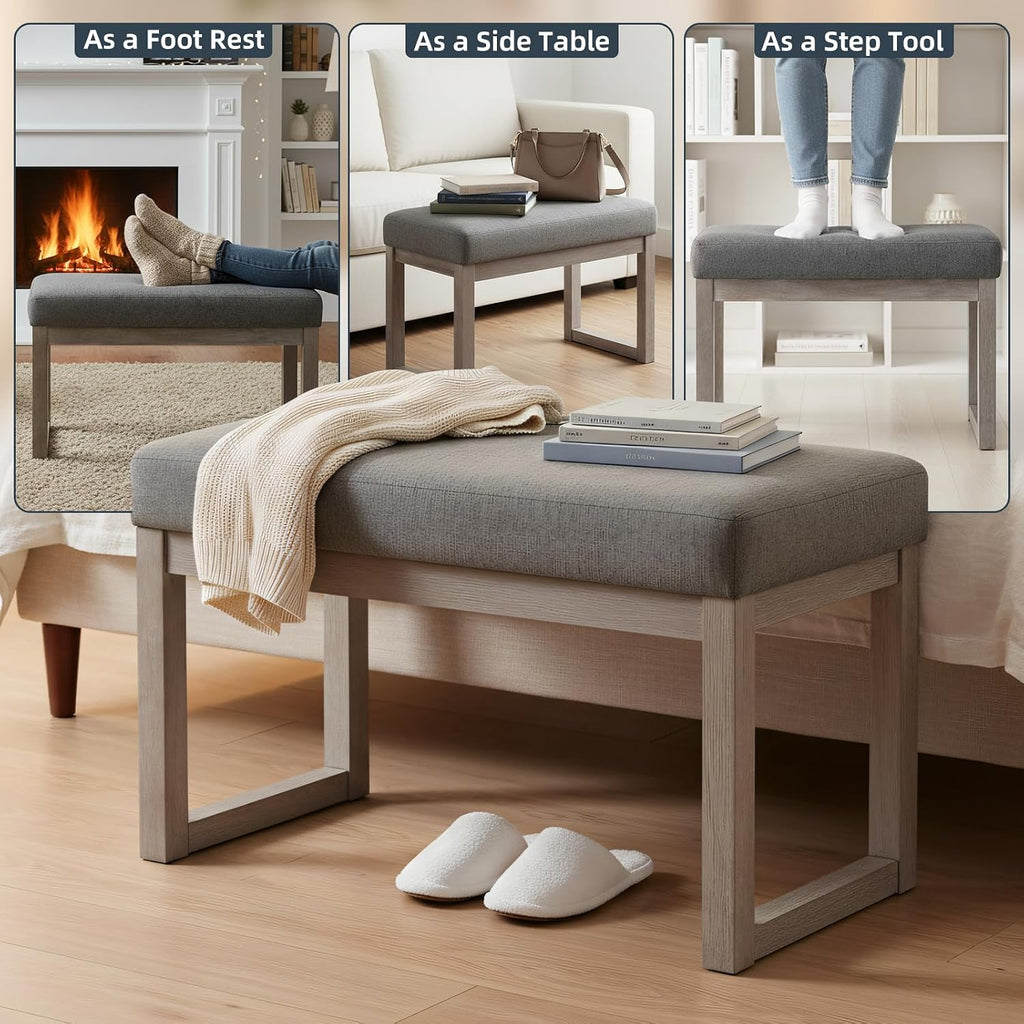 CangLong 27 Inch Wide Rectangle Ottoman Bench Grey Footstool, Linen Look Polyester Fabric for Living Room, Bedroom, Grey