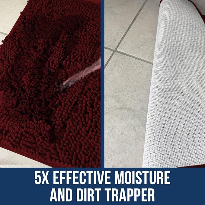 Muddy Mat Chenille Bathroom Rugs Quick Dry Microfiber Mats Non Slip Washable, Extra Thick, Soft and Highly Absorbent Bath Mats for Bathroom, Kitchen, and Shower Floor - Red XL 59"X35"