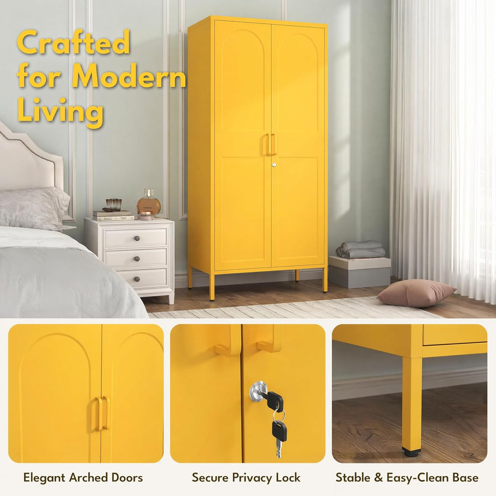 67 Inch Lockable Yellow Steel Wardrobe Storage Cabinet, Freestanding Metal Armoire Locker with Hanging Rod and Adjustable Shelves, Heavy Duty Clothing Storage Locker for Bedroom Apartment Home Use