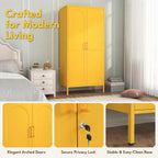 67 Inch Lockable Yellow Steel Wardrobe Storage Cabinet, Freestanding Metal Armoire Locker with Hanging Rod and Adjustable Shelves, Heavy Duty Clothing Storage Locker for Bedroom Apartment Home Use