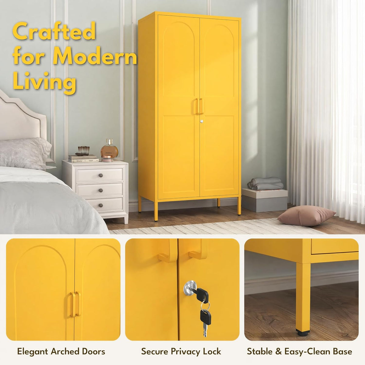 67 Inch Lockable Yellow Steel Wardrobe Storage Cabinet, Freestanding Metal Armoire Locker with Hanging Rod and Adjustable Shelves, Heavy Duty Clothing Storage Locker for Bedroom Apartment Home Use