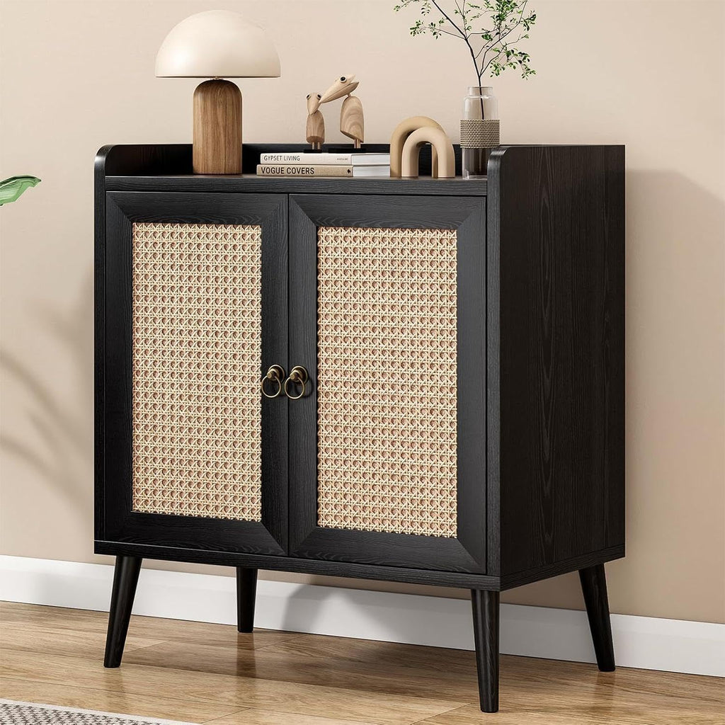 Sideboard Buffet Cabinet with Storage, Rustic Bar Liquor Cabinet with Boho Rattan Decorated Doors, Retro Credenza Console Table for Dining Room Living Room Hallway EntryWay, Black