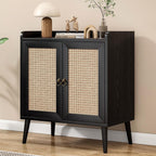 Sideboard Buffet Cabinet with Storage, Rustic Bar Liquor Cabinet with Boho Rattan Decorated Doors, Retro Credenza Console Table for Dining Room Living Room Hallway EntryWay, Black
