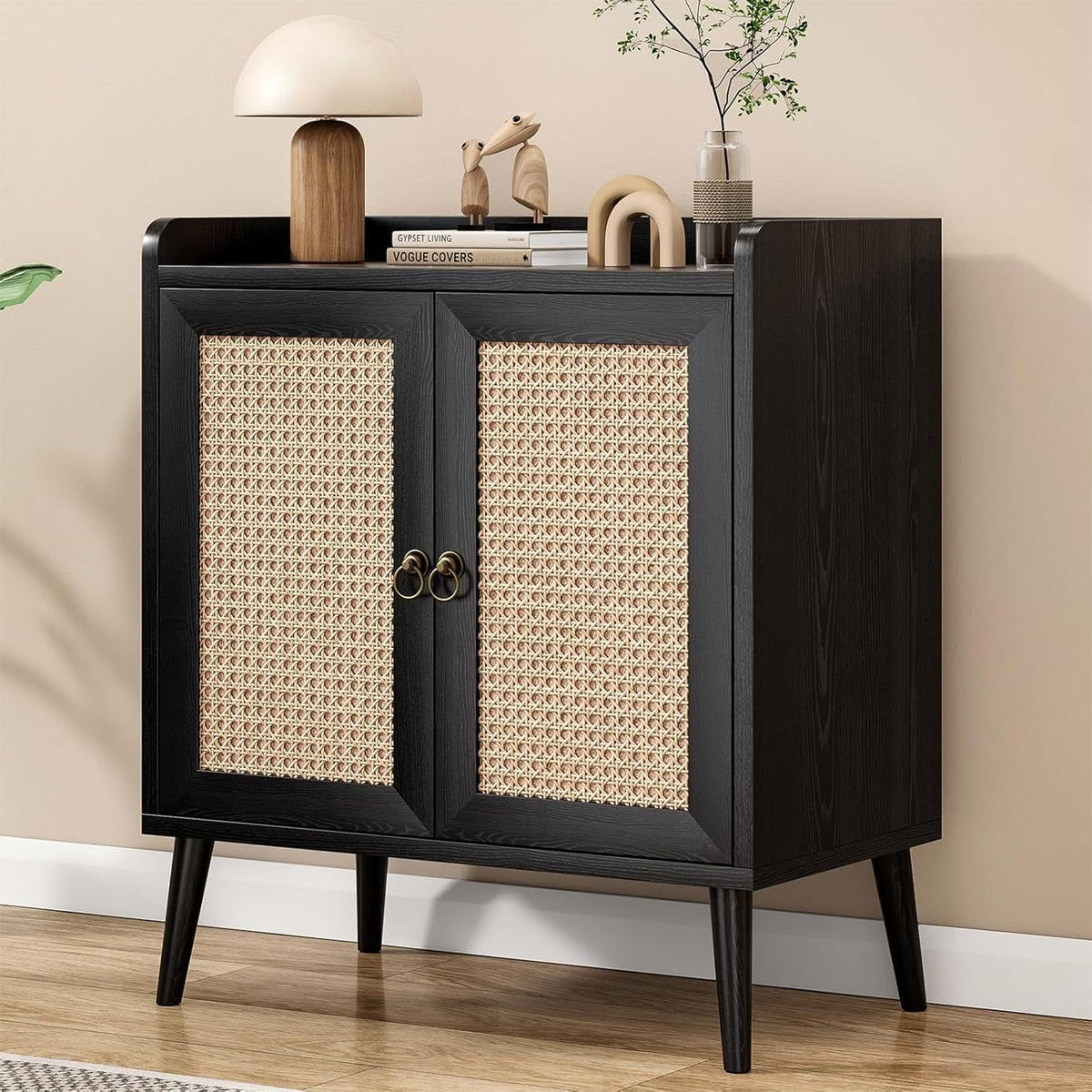 Sideboard Buffet Cabinet with Storage, Rustic Bar Liquor Cabinet with Boho Rattan Decorated Doors, Retro Credenza Console Table for Dining Room Living Room Hallway EntryWay, Black