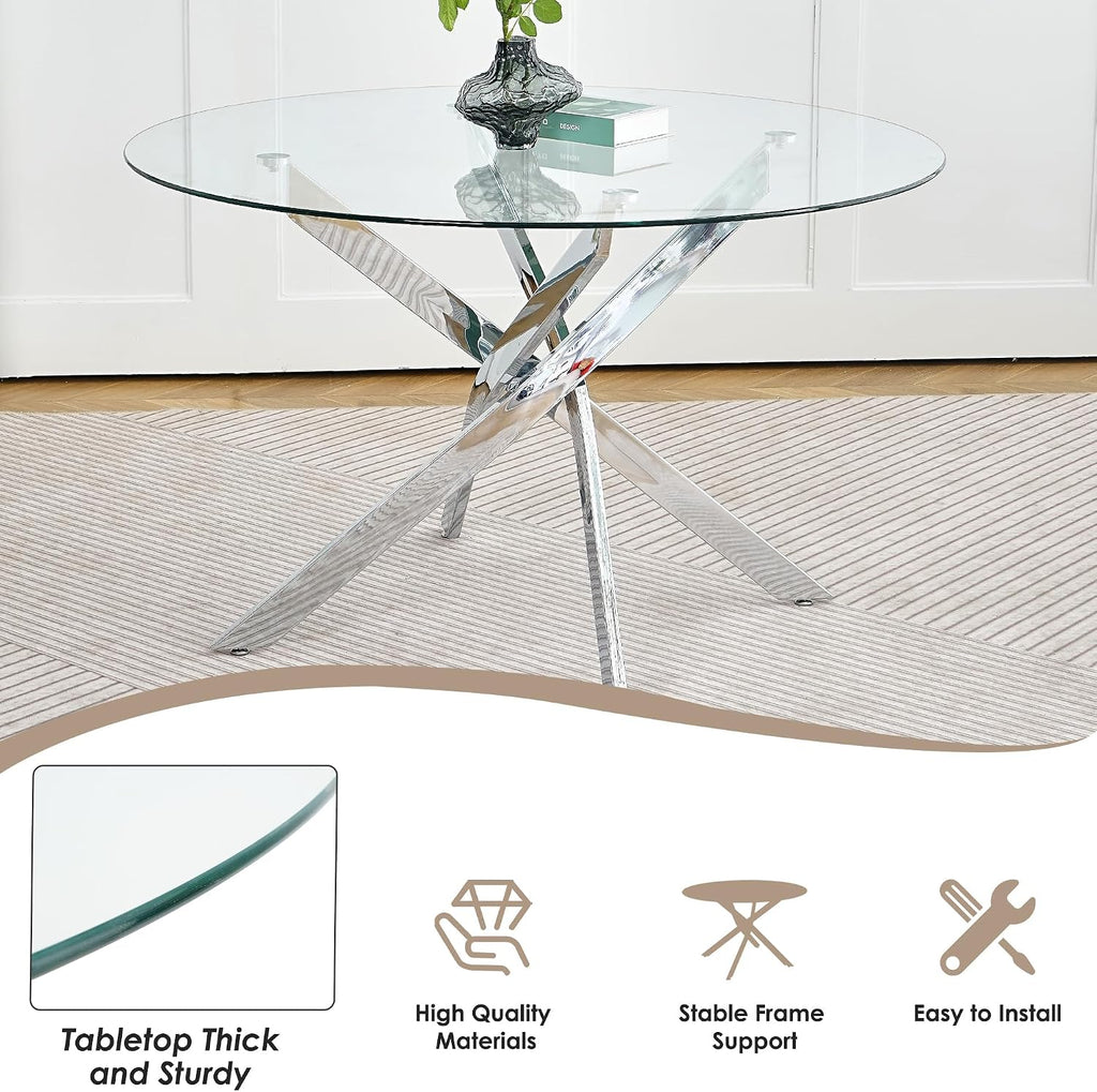 Clear Round Glass Top Dining Set for 4, 36'' Modern Luxury Circle Dinner Room Set, 5 PCS Mid Century Circular Kitchen Table Set, Black High-end Tufted Chairs, for Small Apartment (Silver)