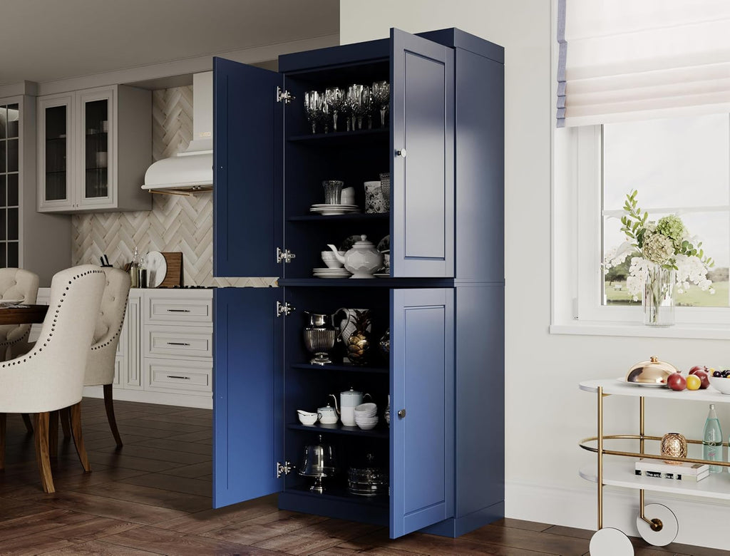 Palace Imports Solid Wood Kitchen Pantry Cabinet - 71.5" Tall x 32" Wide - Wooden Storage Cabinet with 4 Doors & Adjustable Shelves, Navy Blue, 100% Renewable Eco-Friendly Wood, Made in Brazil