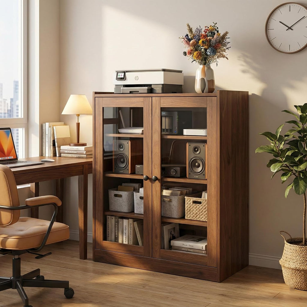 holzart Audio Stereo Cabinet with Glass Doors, 35.4" Tall Vintage AV Component Media Stand, Record Player Stand with Adjustable Shelves & Cable Management, Rustic Brown