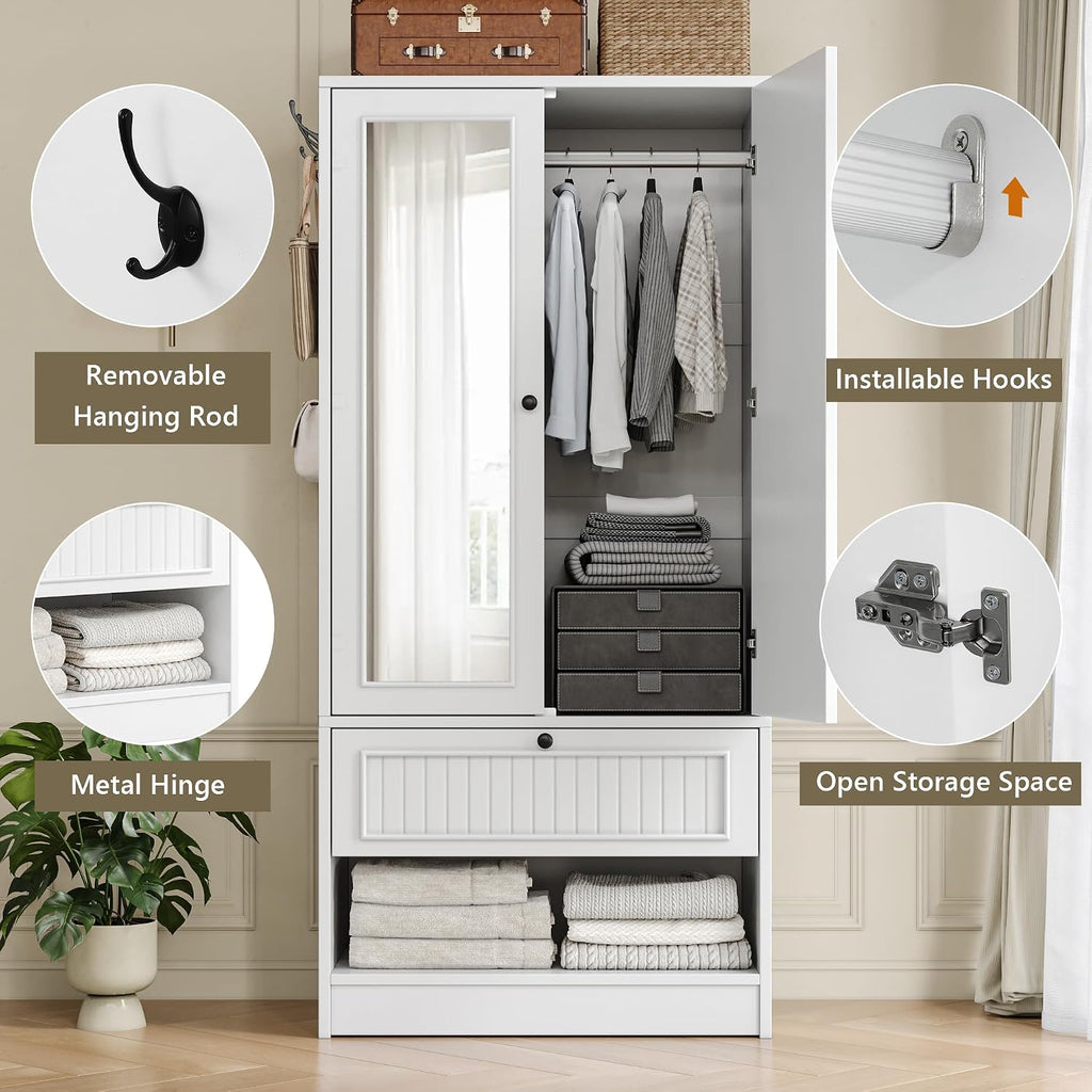 iPormis Wood Armoire Wardrobe Closet with Mirror Door and Drawer, 2 Doors Bedroom Storage Cabinet for Hanging Clothes, White