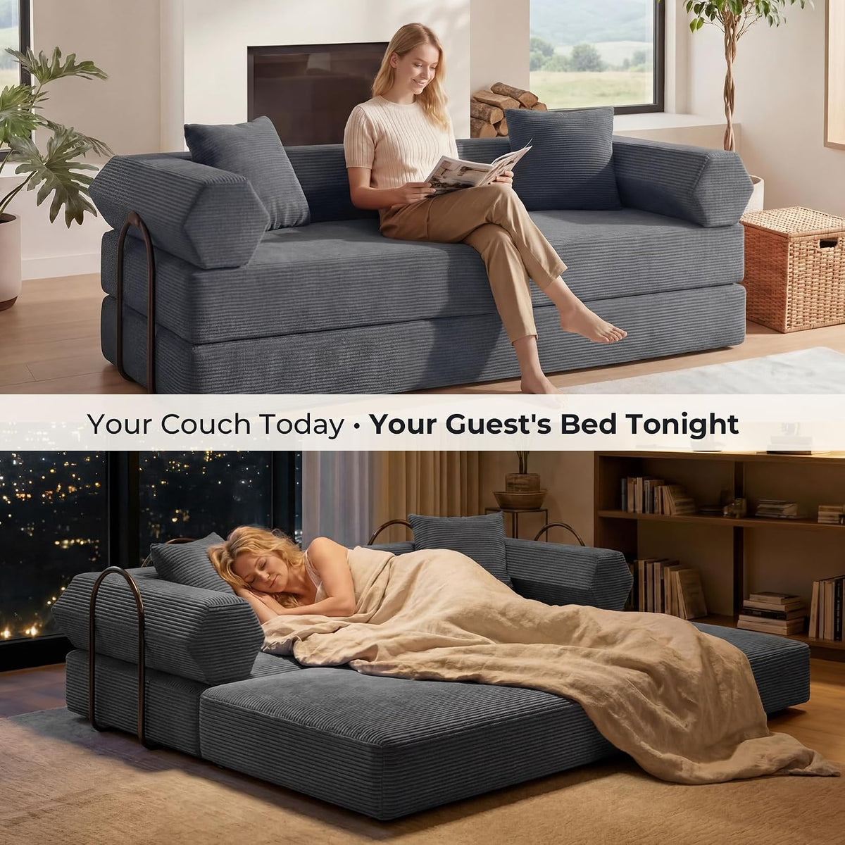 79" Convertible Futon Sofa Bed, Couch for Living Room | Dark Gray | Corduroy Loveseat Sleeper Sofa, Modular Futon Couch with Pocket Spring Core, Pull Out Couch No Assembly