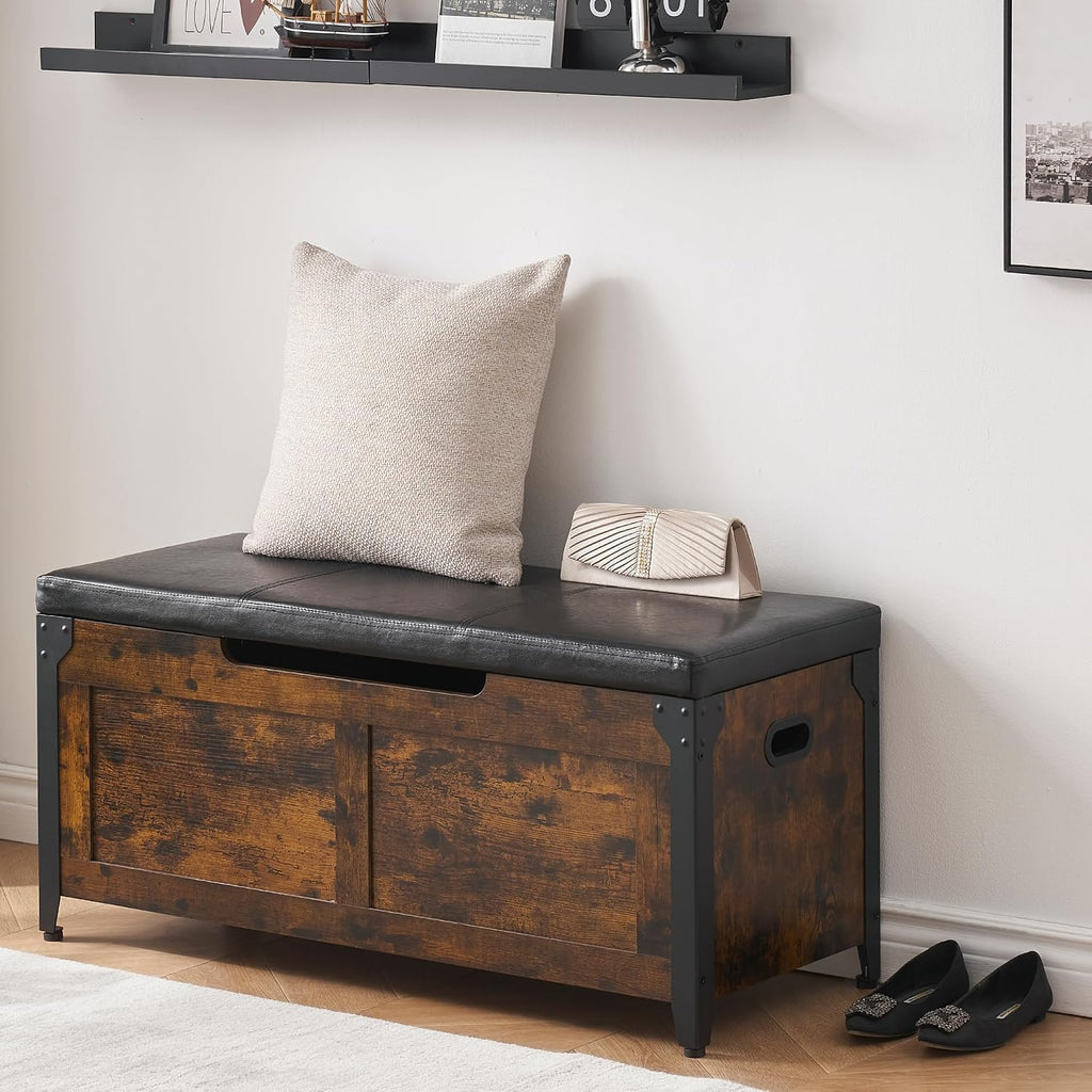 GAOMON 39.4" Storage Chest, Storage Bench with Safety Hinge | Farmhouse Style Wooden Trunk Chest for Entryway, Bedroom, Living Room, Rustic Brown
