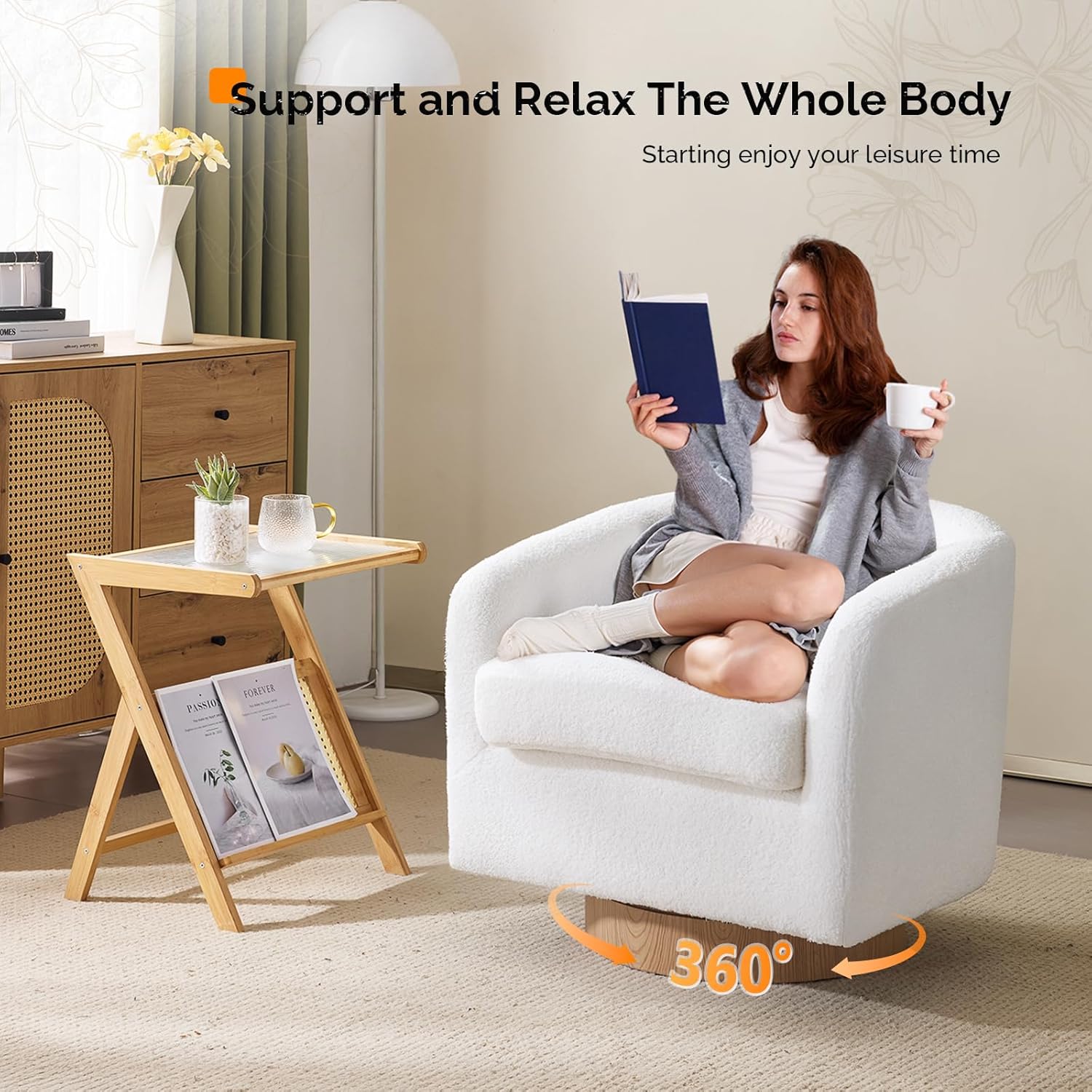 VINGLI 360°Swivel Accent Chair with Engineered Wood Base and Removable Cushion for Living Room, Bedroom, Curved Back Barrel Chair for Small Space, Upholstered Bucket Armchair, Teddy White