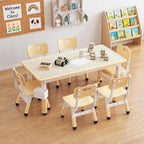 Jojoka Kids Table and 6 Chairs Set, Adjustable Toddler Activity Table Set, Wipe-Clean Desktop, Non-Slip Legs, Height Adjustable Kids Furniture for Home, Preschool, Daycare, Ages 2-10-Natural