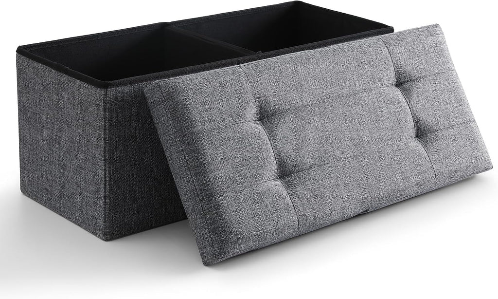 Storage Ottoman Bench Foldable Seat Footrest Shoe Bench End of Bed Storage with Flipping Lid, 75L Storage Space, 30 inches Linen Fabric Dark Grey