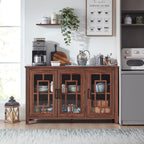 Joaxswe Large Sideboard Buffet Cabinet with Storage, 55" Farmhouse Credenza with 3 Glass Doors, Adjustable Shelves Console Table, Wood Kitchen Coffee Bar for Dining Room, Living Room, Brown