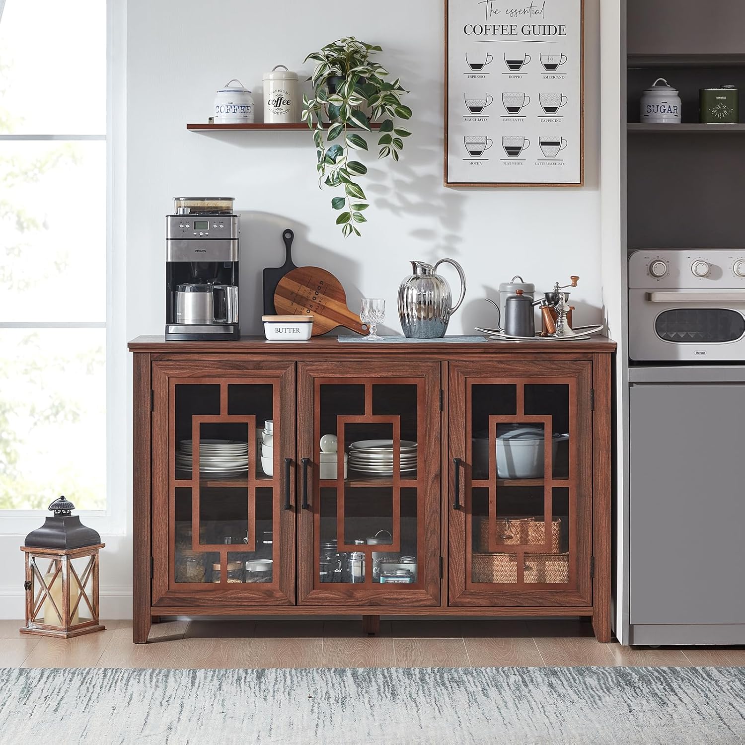 Joaxswe Large Sideboard Buffet Cabinet with Storage, 55" Farmhouse Credenza with 3 Glass Doors, Adjustable Shelves Console Table, Wood Kitchen Coffee Bar for Dining Room, Living Room, Brown