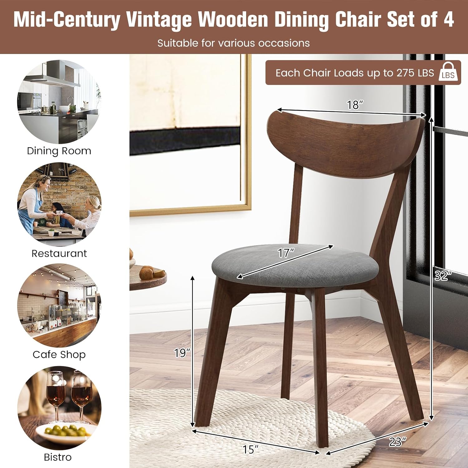KOTEK Dining Chairs Set of 2 with Rubber Wood Legs | Mid Century Modern Kitchen Chairs with Cushioned Seat, Curved Backrest, Wooden Side Chairs for Dining Room, Living Room