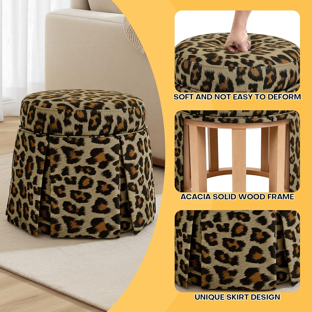 18" Round Storage Ottoman, Upholstered Leopard Print Stool-Foot Rest Skirt Hem, Footstool Pouf with Vietnam Acacia Wood Frame(500Lbs), Reversible Tray Lid for Bedroom,Fully Assembled