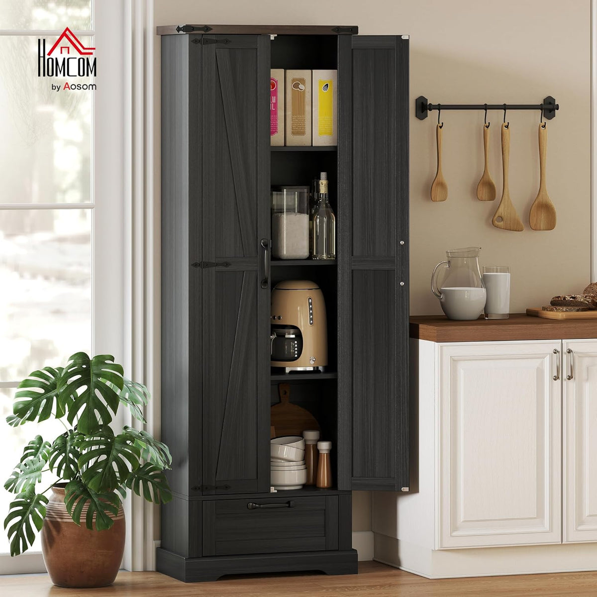 HOMCOM 71" Tall Kitchen Pantry, Farmhouse Storage Cabinet with Barn Doors, Drawer and Adjustable Shelves, Freestanding Food Pantry Cabinet for Kitchen, Dining Room, Black