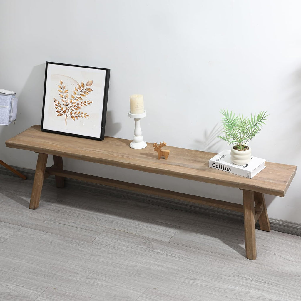 Wnutrees 63" Farmhouse Wood Bench, Rustic Solid Wood Dining Room & Entryway Bench Seat for Indoors, Easy Assembly, Natural