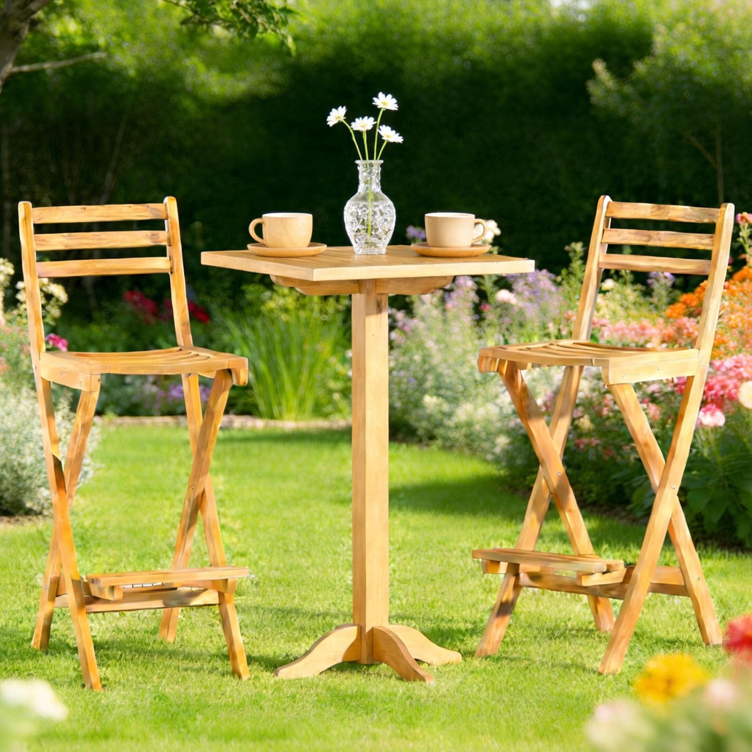 COSTWAY Outdoor Folding Bar Stool, Acacia Wood High Top Chairs with Slatted Backrest, Safety Lock, Space-Saving Patio Barstools for Backyard, Poolside, Garden, Balcony