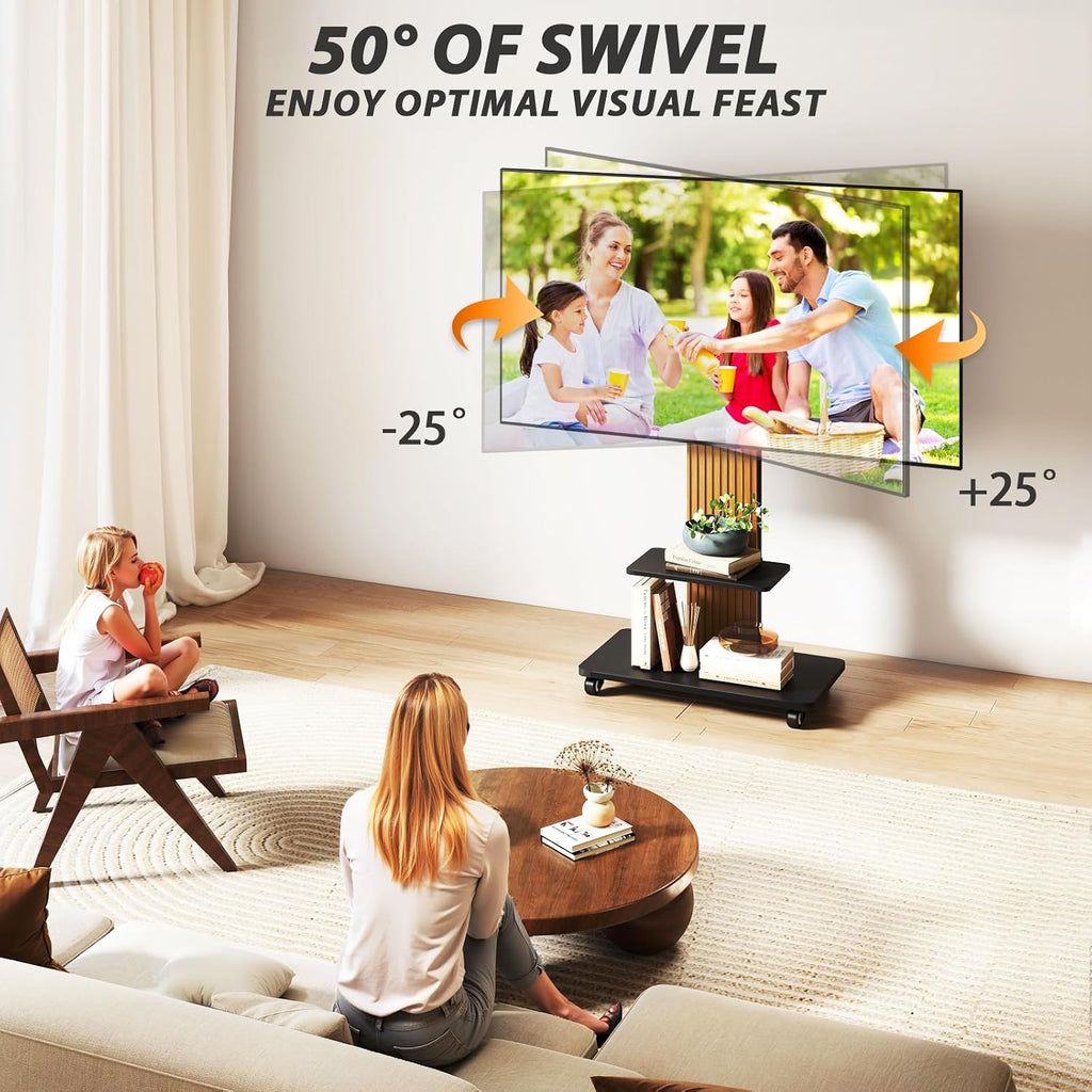 TVON Heavy Duty Rolling TV Stand for 55-100 inch Large Screens | Supports up to 172 lbs (150 lbs TV + 22 lbs Shelf), Mobile TV Cart with Wooden Base and Alloy Wheels, Black and Walnut