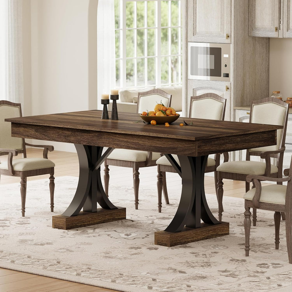 Garvee 71-Inch Dining Table with 2 Drawers,Rectangular Dining Table for 6-8 with Double Pedestal & Sturdy Frame, Industrial Wooden Kitchen Table with Large Tabletop, for Dinner, Walnut