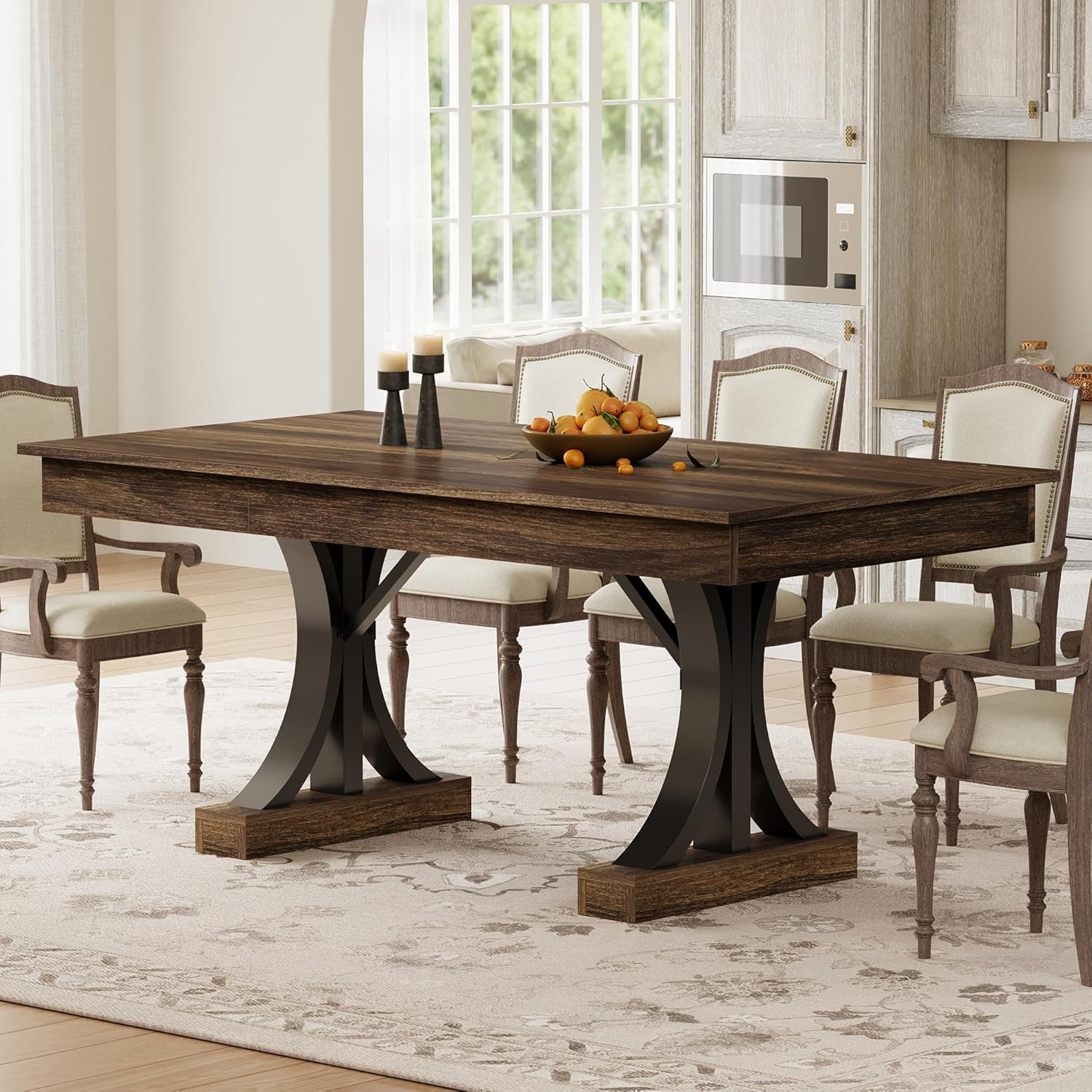Garvee 71-Inch Dining Table with 2 Drawers,Rectangular Dining Table for 6-8 with Double Pedestal & Sturdy Frame, Industrial Wooden Kitchen Table with Large Tabletop, for Dinner, Walnut