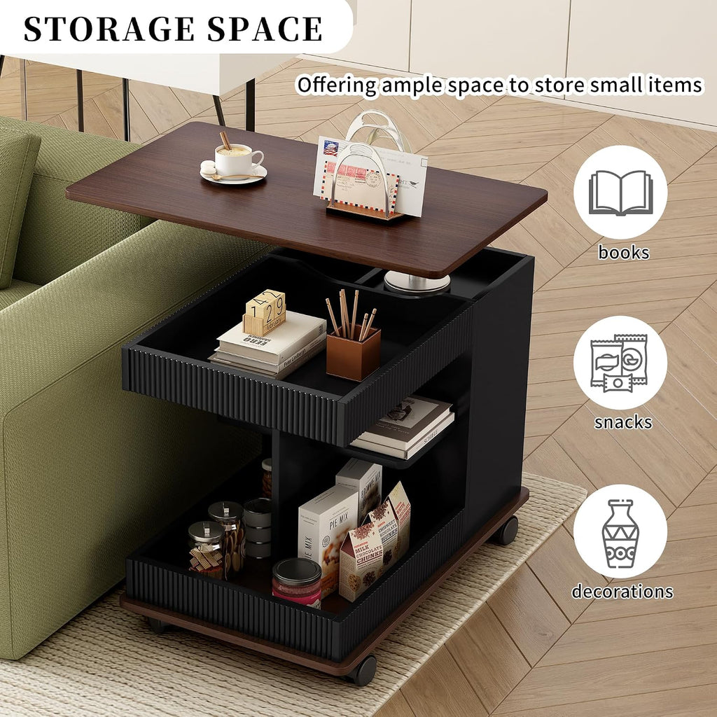 Modern Adjustable End Table with Wheels, 360° Rotating and Adjustable Lift-Top Design, Multifunctional Sofa Side Table with Storage Space for Living Room, Small Space (Black+Brown/508)