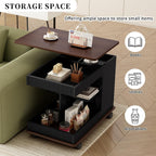 Modern Adjustable End Table with Wheels, 360° Rotating and Adjustable Lift-Top Design, Multifunctional Sofa Side Table with Storage Space for Living Room, Small Space (Black+Brown/508)