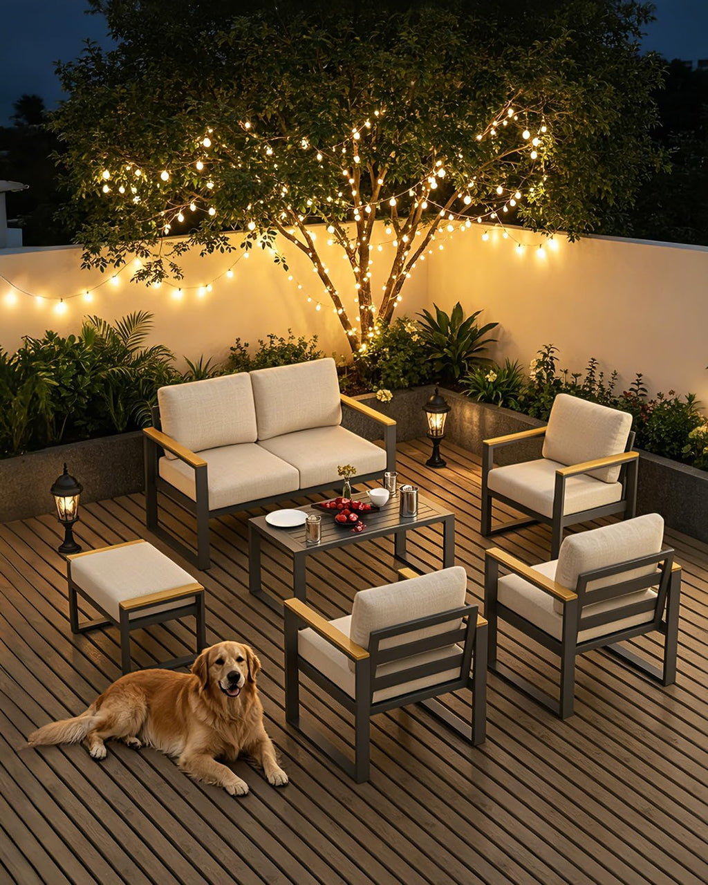 IDEALHOUSE Outdoor 2 Pieces Aluminum Patio Ottoman, Outdoor Footstool with Seat Cushions, Small Metal Outdoor Chairs for Balcony, Garden, Deck, Backyard,Beige