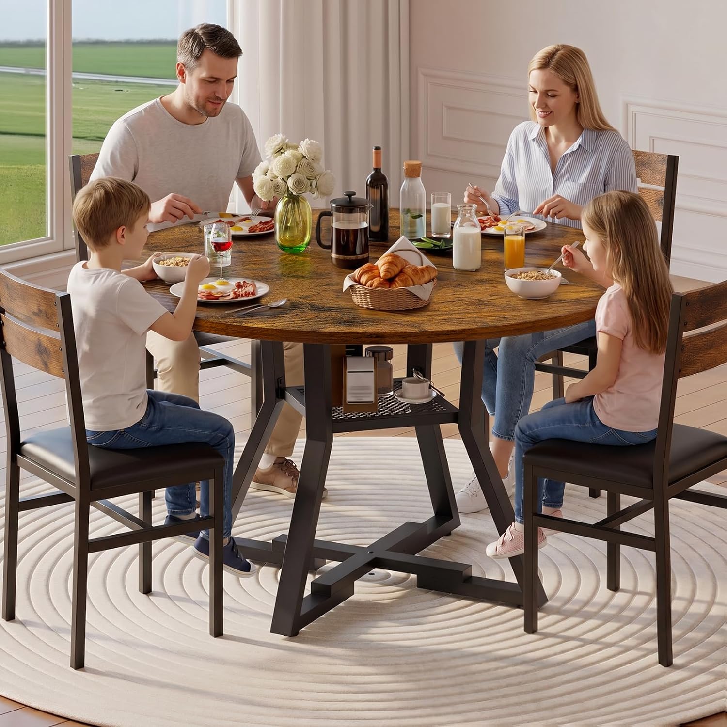 RALGEND Round Dining Table for 4-6, 43" Circle Dining Table with Wooden Tabletop, Kitchen Table with Storage & Weighted Base, Round Dinner Table for Kitchen, Living Room, Rustic Brown and Black